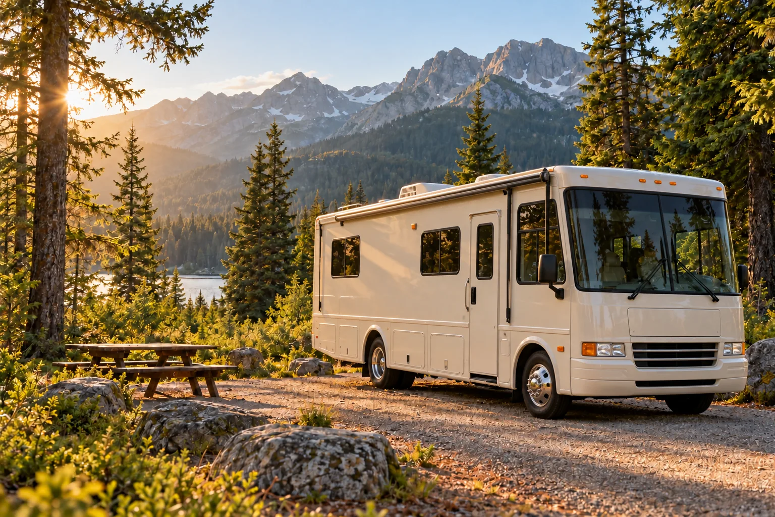 Illustrative unbranded bus-style Class A motorhome at a mountain campsite