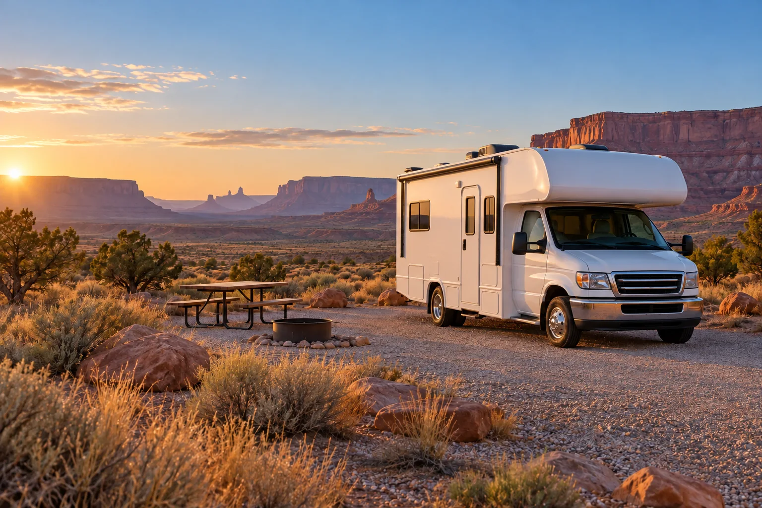 Illustrative motorhome at a desert campsite at sunset