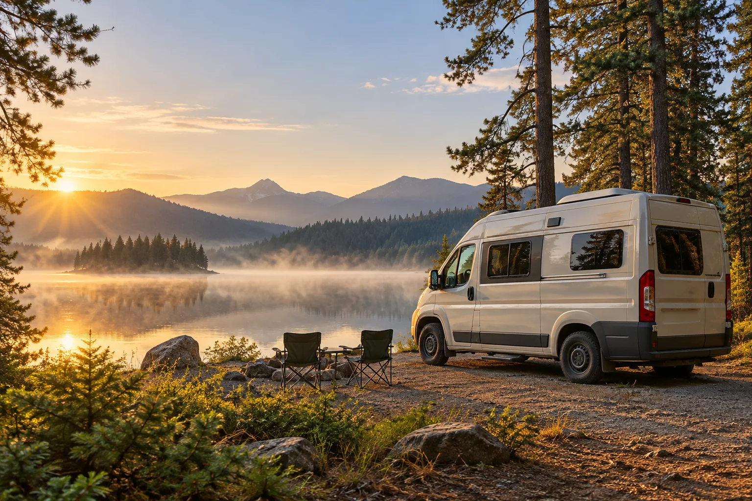 Illustrative campervan and camp chairs beside a forest lake at sunrise