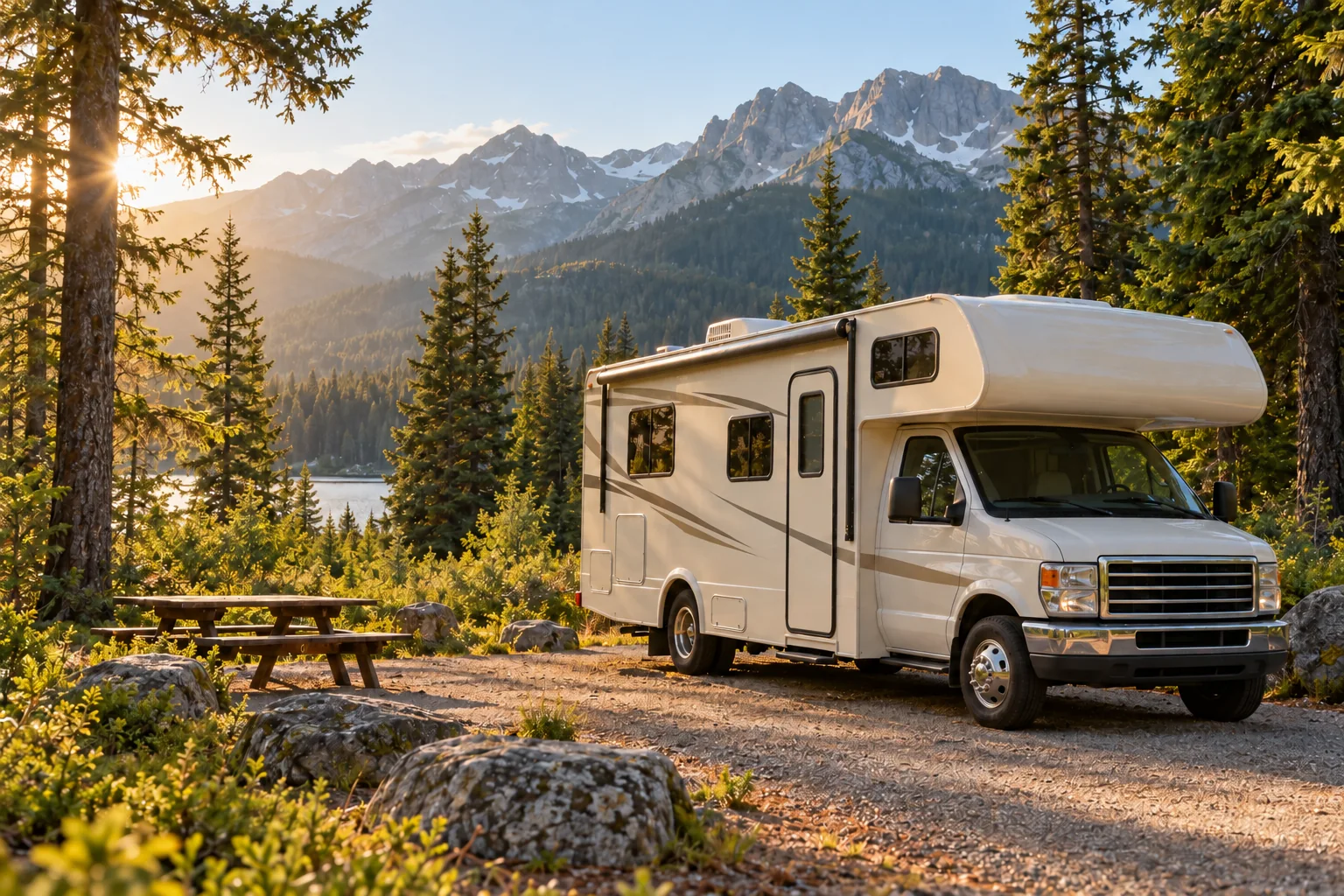 Illustrative motorhome at a wooded mountain campsite